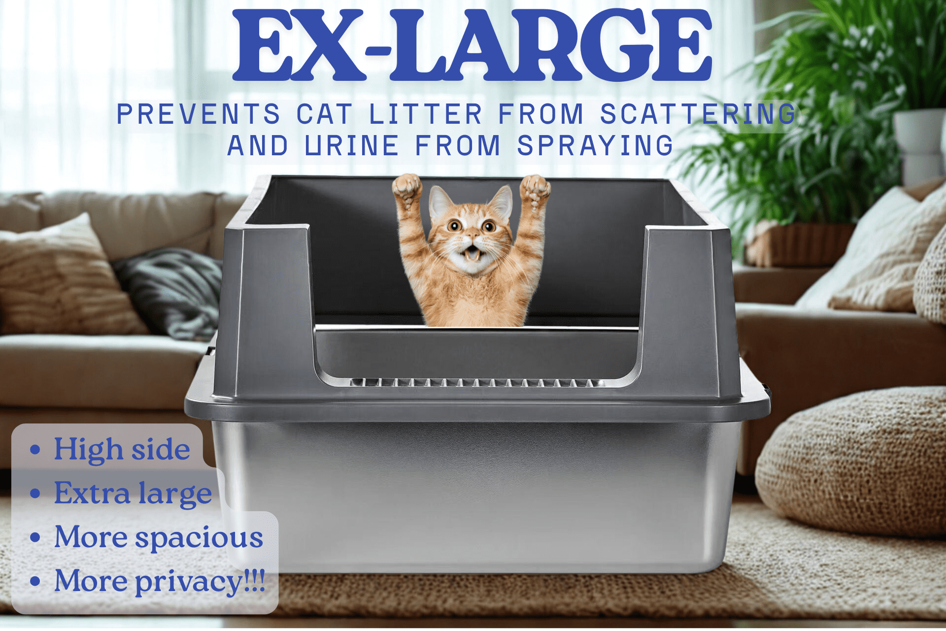X-Large Stainless Steel Cat Litter Box Suite with Lid, Scoop & Mat – Durable, Easy-to-Clean, Non-Porous Metal Litter Pan for Large Cats or Multi-Cat Homes (28.4" × 20.7" × 15")