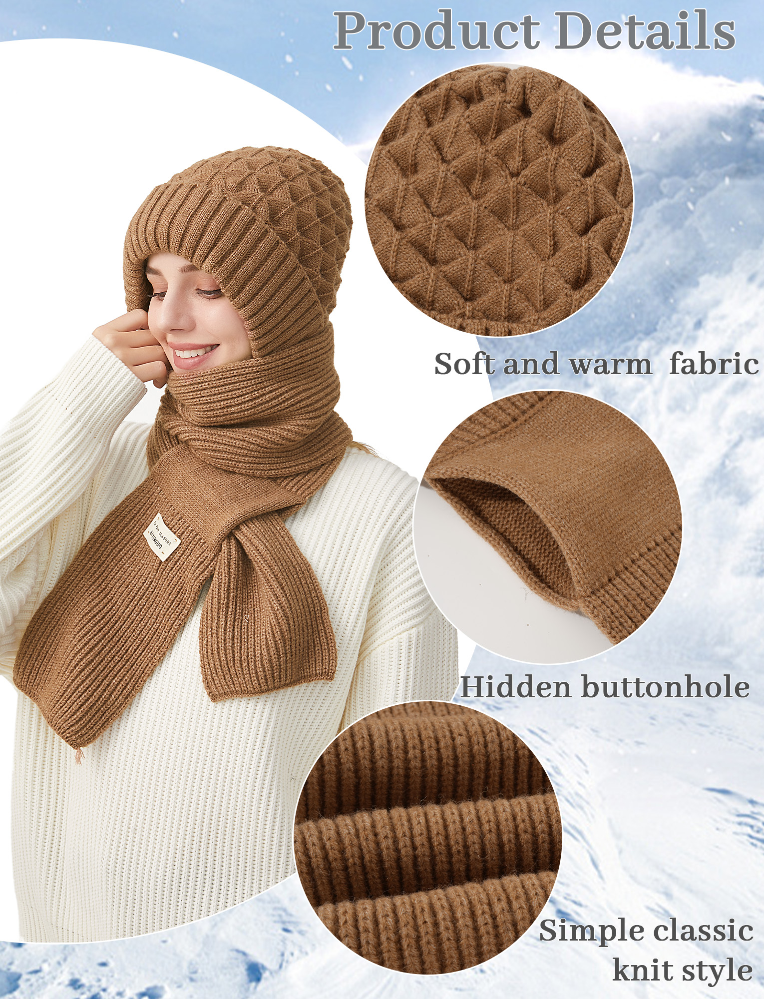FEOYA Fleece Balaclava Hat Hood Scarf Women Integrated Ear Protection Windproof Cap Scarf One-Piece Hats Scarf Beanie Warm Knitted Ski Scarf Hat Khaki