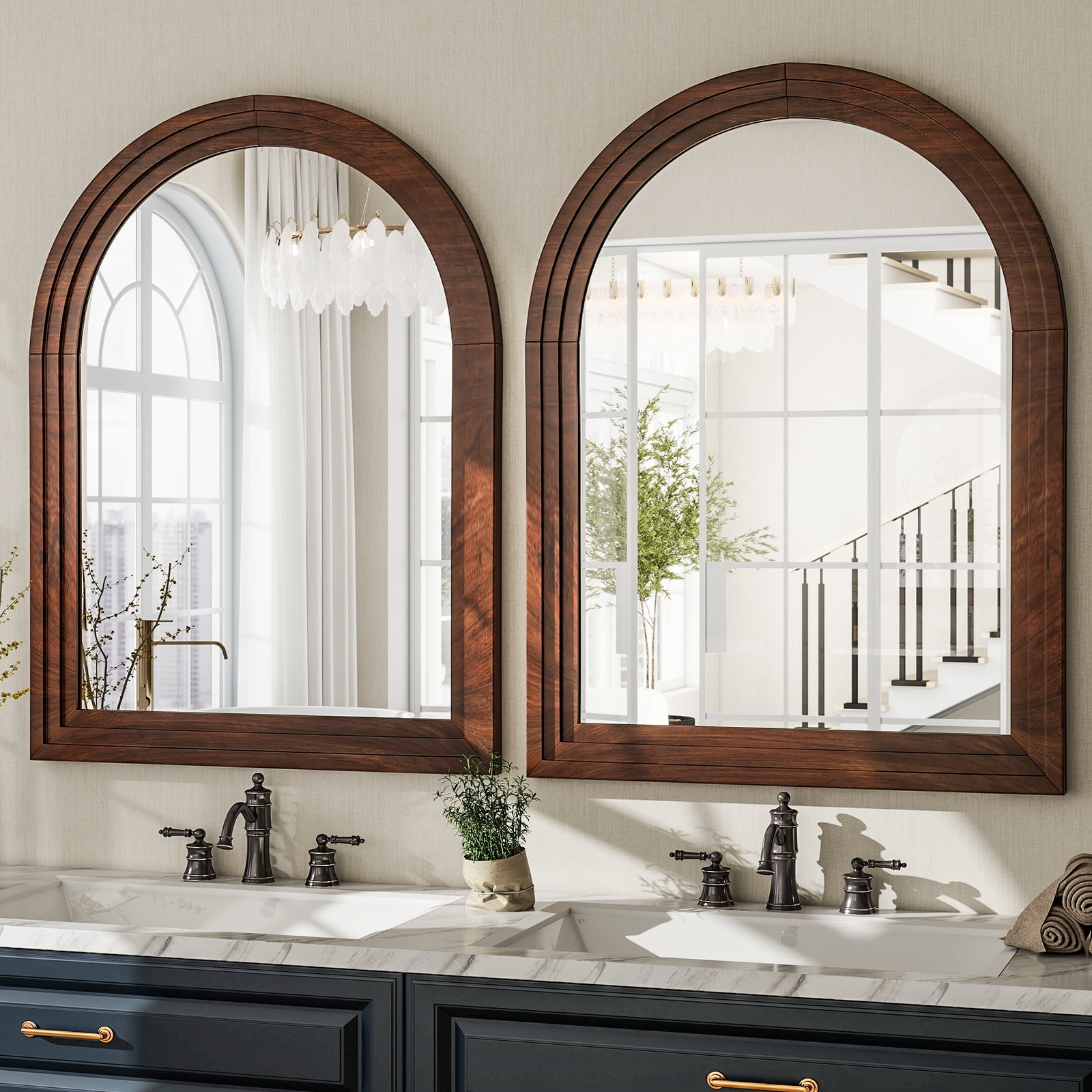 Easy4Home 40"x30" Arched Bathroom Mirror with Wooden Frame Decorative Wall Mounted Mirror, Brown