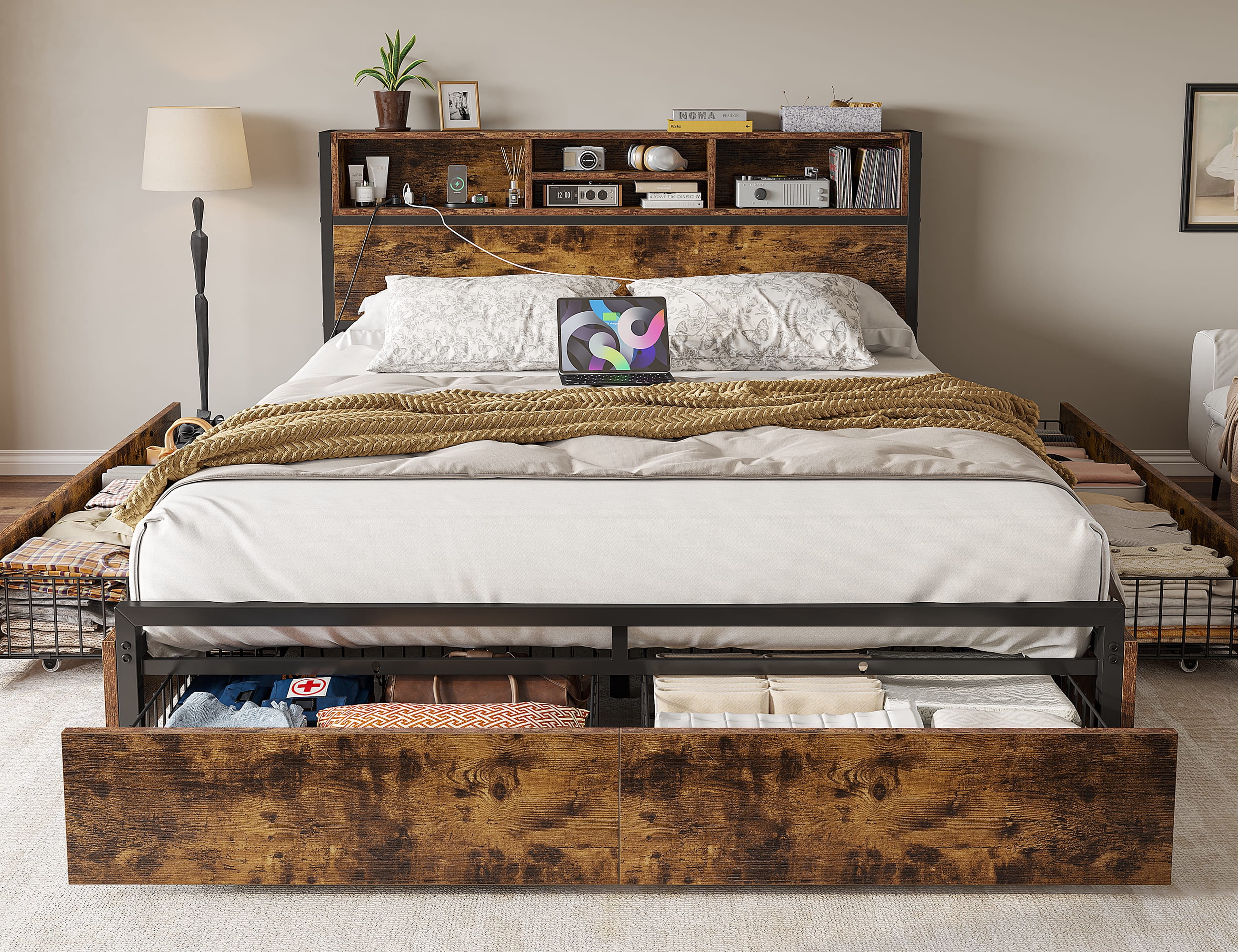 EnHomee Queen Bed Frame with 6 Storage Drawers Queen Bed Frame with Headboard & Charging Station No Noise,Vintage Brown