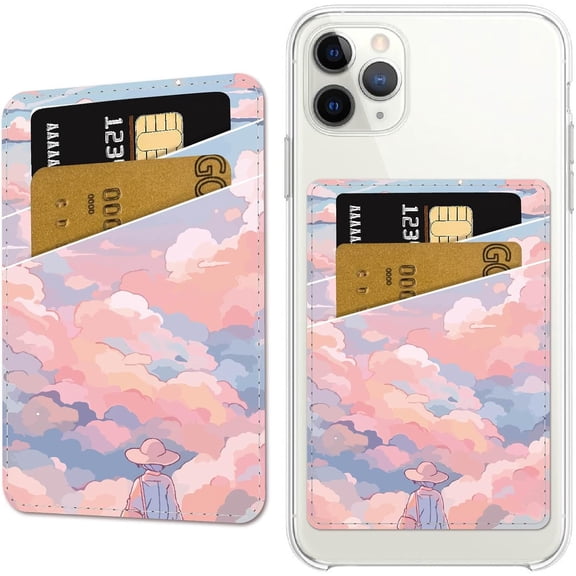 Pink Clouds Phone Card Holder Leather Cell Phone Wallet Stick on Adhesive Anime Credit Card Holder Slim Double Pocket Sticker for DIY