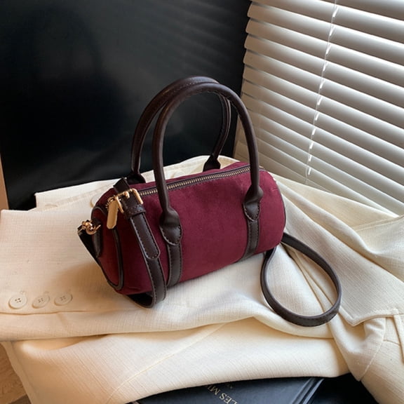 Faux Suede Tote Barrel Bag for Women, Crossbody Shoulder Purse with Handle, Vintage Style Handbag for Daily Use, Travel, Shopping, and Casual Outings, Durable PU Leather Boston Bag