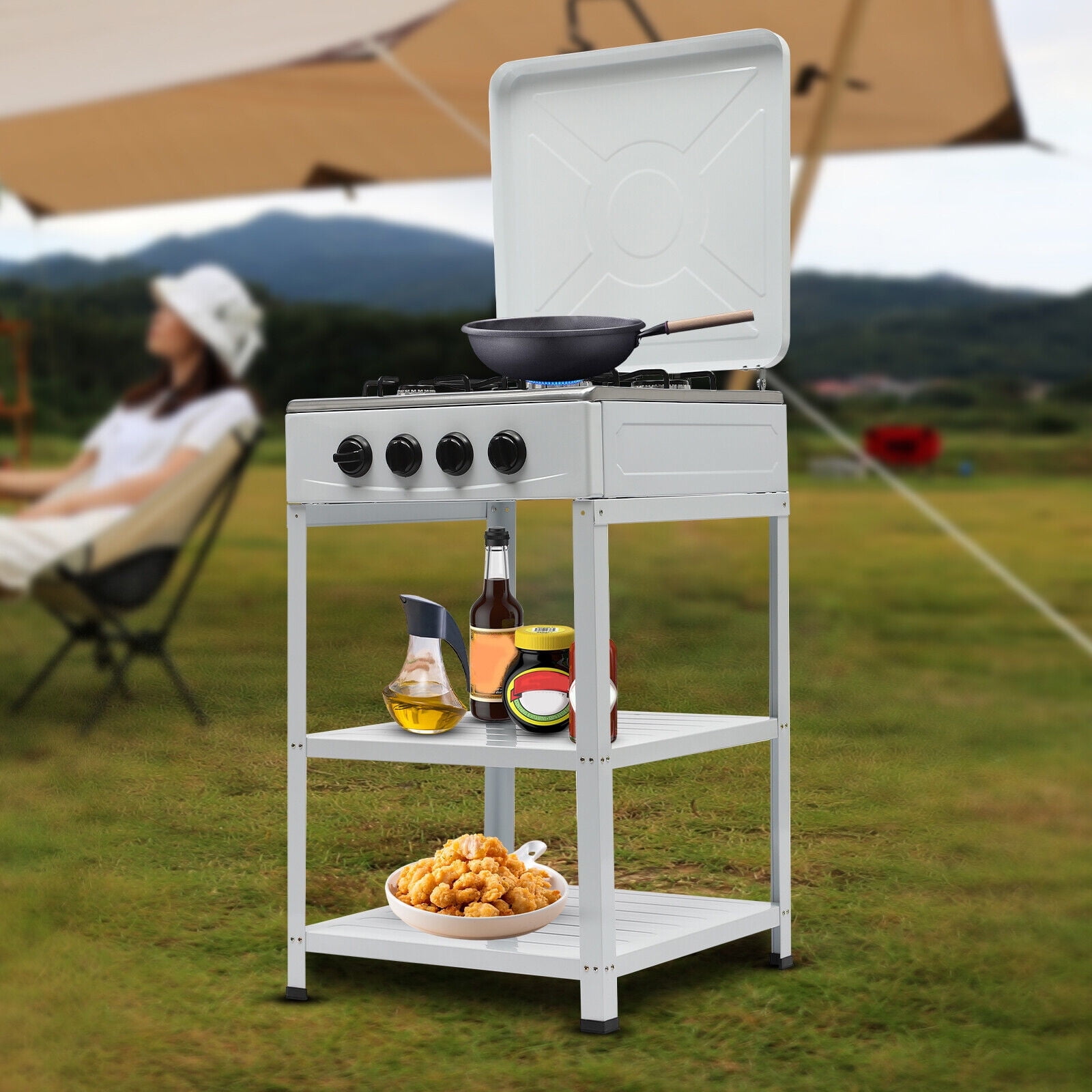 Gas Stove 4-Burner Camping Stove &Support Leg Stand Wind Blocking Cover Adapter
