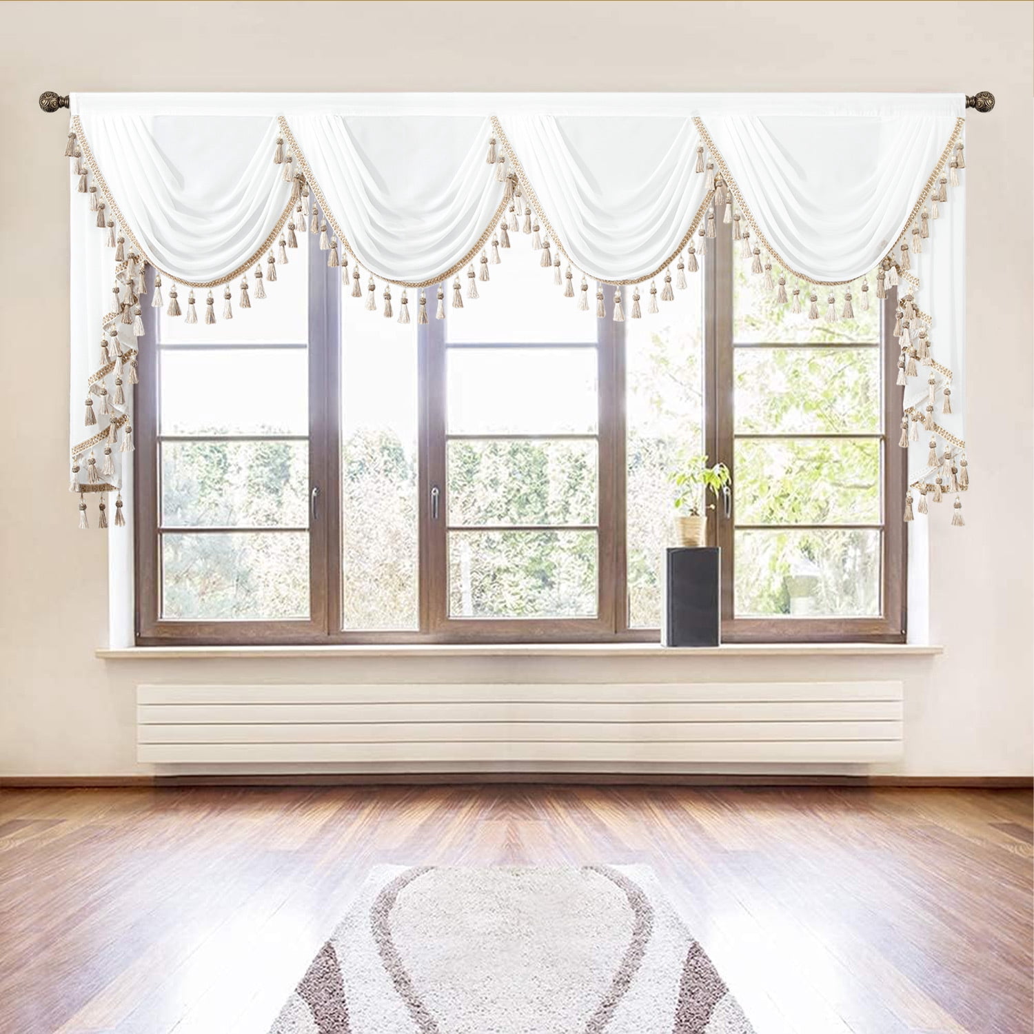 VOGOL White Swag Valances for Windows, Light Filtering Waterfall Curtains Valance for Dining Room, Silky Voile Drapes Sheer Curtain for Nursery, 110 inches Wide, 1 Panel