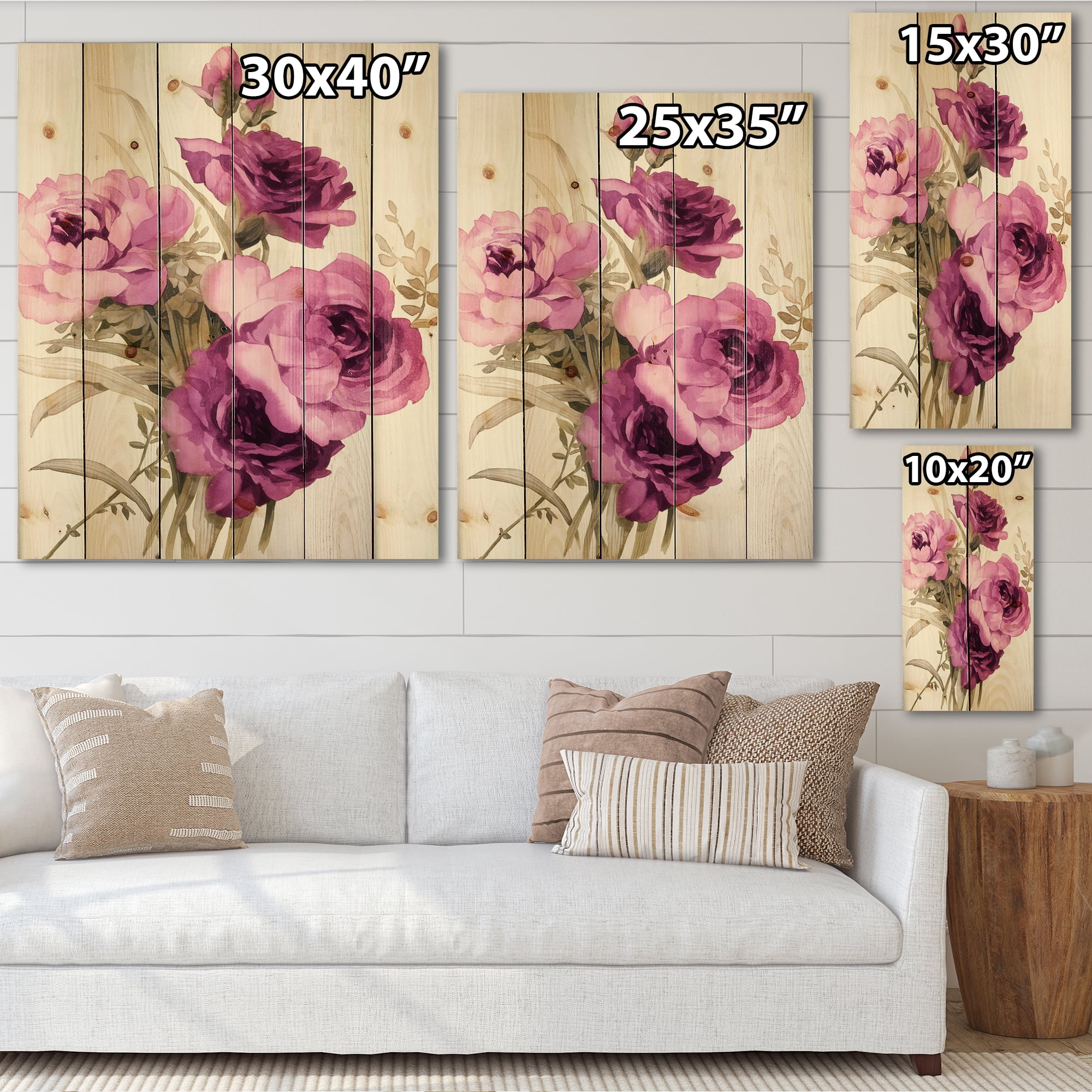 Designart 'Bouquet of Dark Pink Roses' Traditional Print on Natural Pine Wood