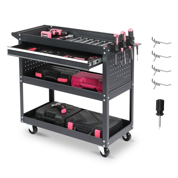 AsterOutdoor 3-Tier Heavy Duty Rolling Tool Cart with Pegboard, Drawer & 4 Hooks, 330lb Capacity Metal Utility Cart for Garage Workshop Storage，Black