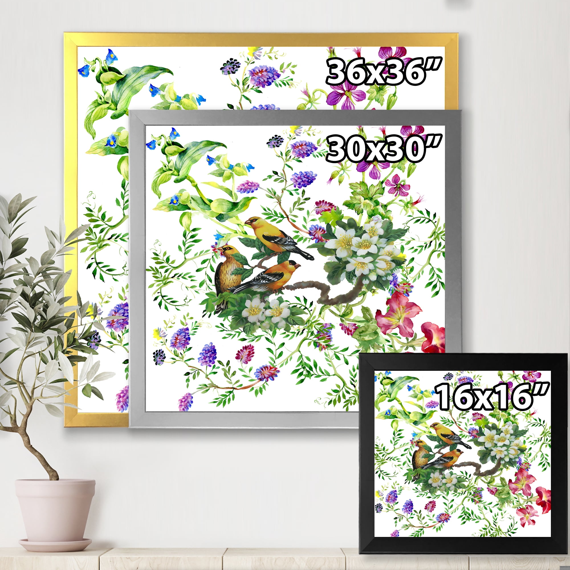 Designart 'Tropical Birds Sitting On Blooming Tree' Traditional Framed Art Print