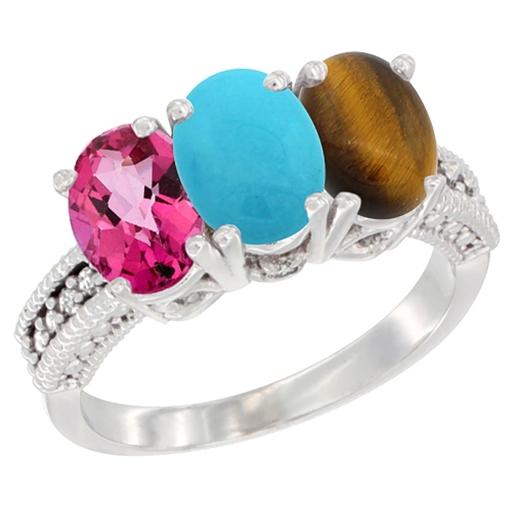 14K White Gold Natural Pink Topaz, Turquoise & Tiger Eye Ring 3-Stone 7x5 mm Oval Diamond Accent, sizes 5 10 by WorldJewels