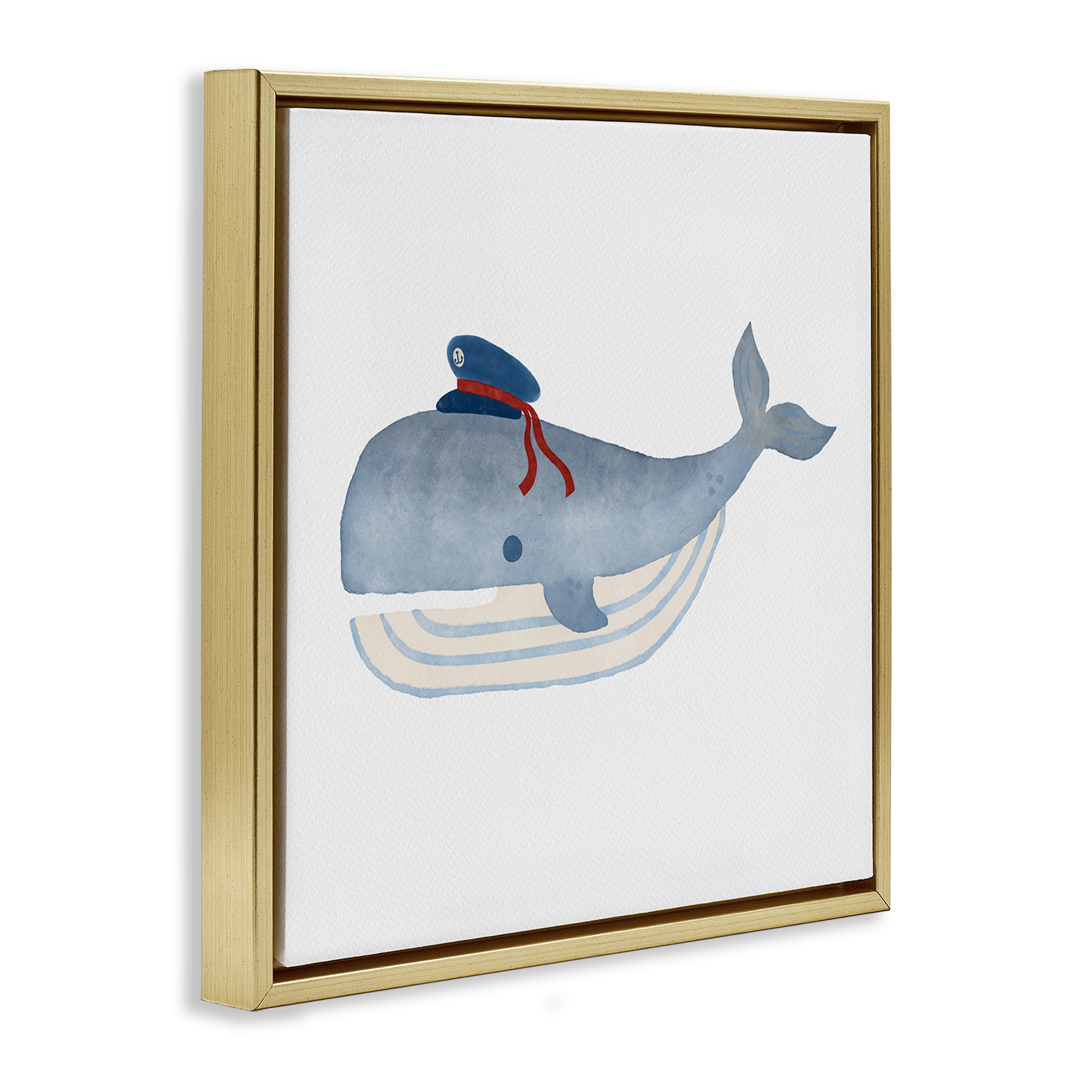 Stupell Industries Captain Whale with Hat Animals Painting Gold Floater Framed Canvas Art Print Wall Art, 18 x 18