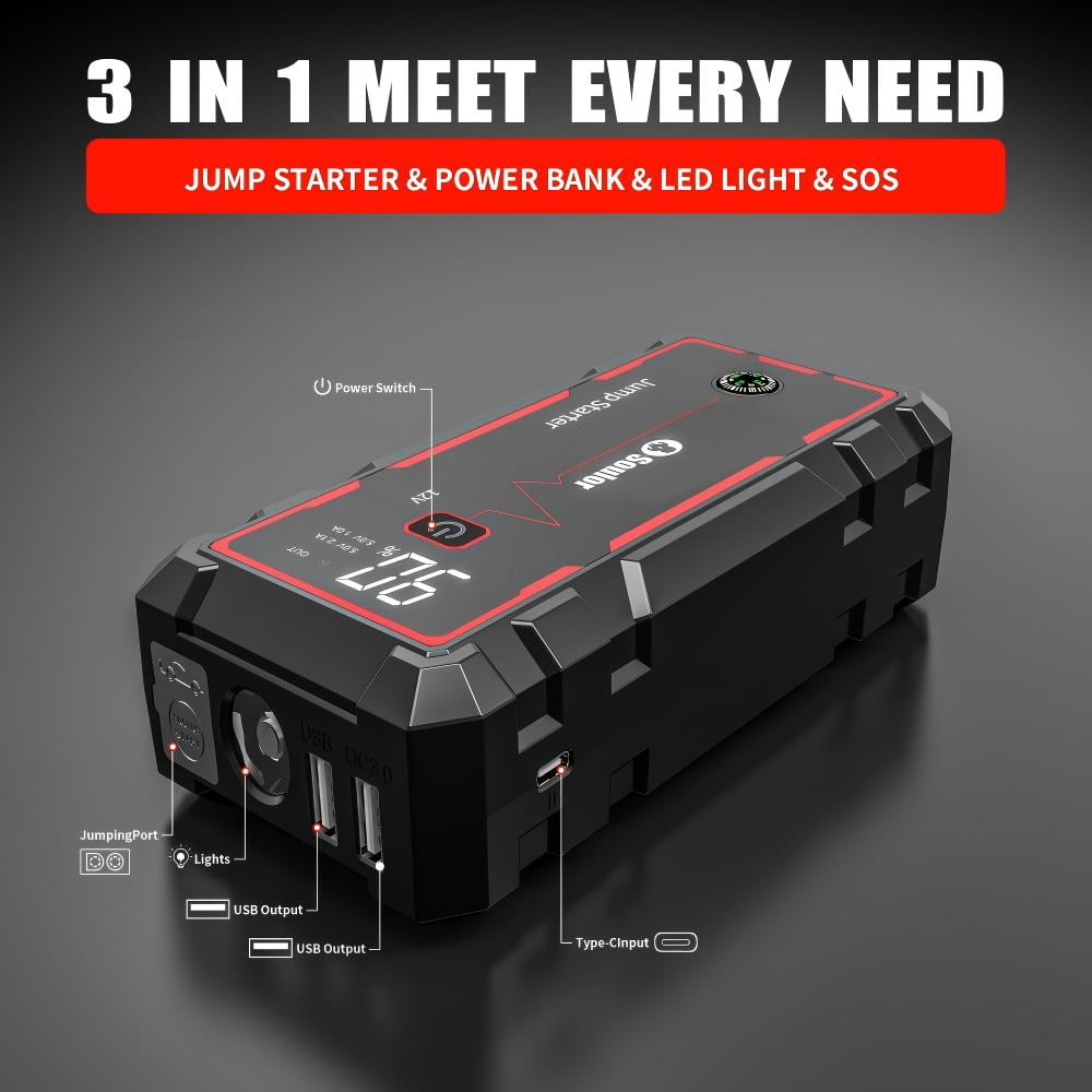 Car Battery Jump Starters, 3000A 12V Lithium Battery, Jumper Cables-for All Gas Engines, Jump Starter with Dual USB Power Bank QC 3.0 Fast Charging.