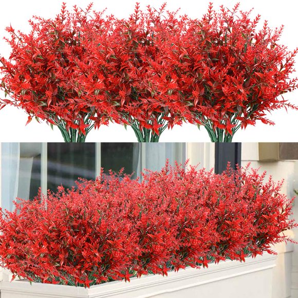 ArtBloom 8 Bundles Outdoor Artificial Lavender Fake Flowers UV Resistant Shrubs Plants, No Fade Faux Plastic Greenery for Hanging Plants Garden Porch Window Box Home Wedding Farmhouse Decor (Red)