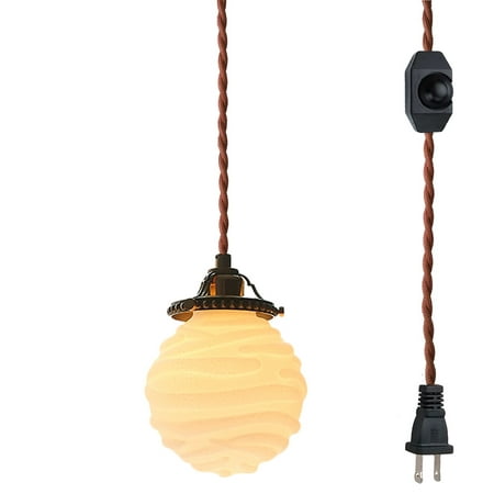 

FSLiving Hanging Swag Lamp no Wiring Needed Portable Pendant Light with 15ft Plug-in UL Dimmable Cord Brass Finished E26 Socket Mare Nubium White Hand-Made Glass Lamp Hanging Lamp - 1 Light