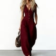 thumbnail image 2 of JULMCOMO Jumpsuits for Women Deep V Neck Button Front Sleeveless Summer Jumpsuits Wide Leg Casual Baggy Outfits with Pockets Red S, 2 of 5
