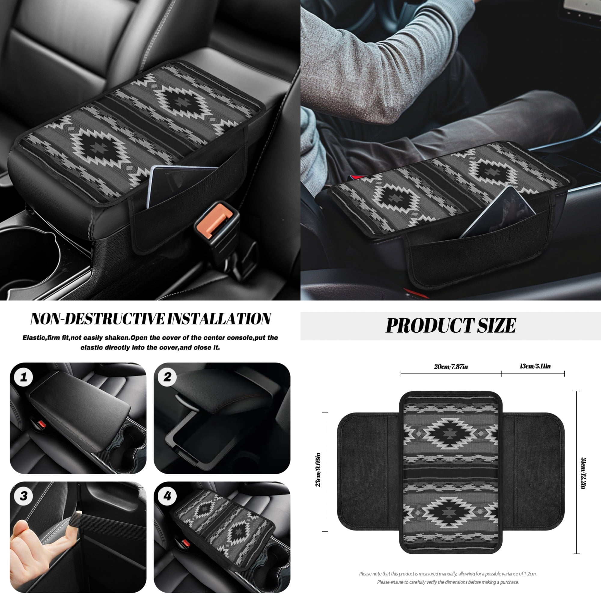 Renewold American Tribal Black Grey 14 PCS Car Seat Cover Full Set, Steering Wheel Seat Belt Rear View Mirror Center Console Cover Trash Can Coaster Gear Shift Knob Cover Set Universal Fit