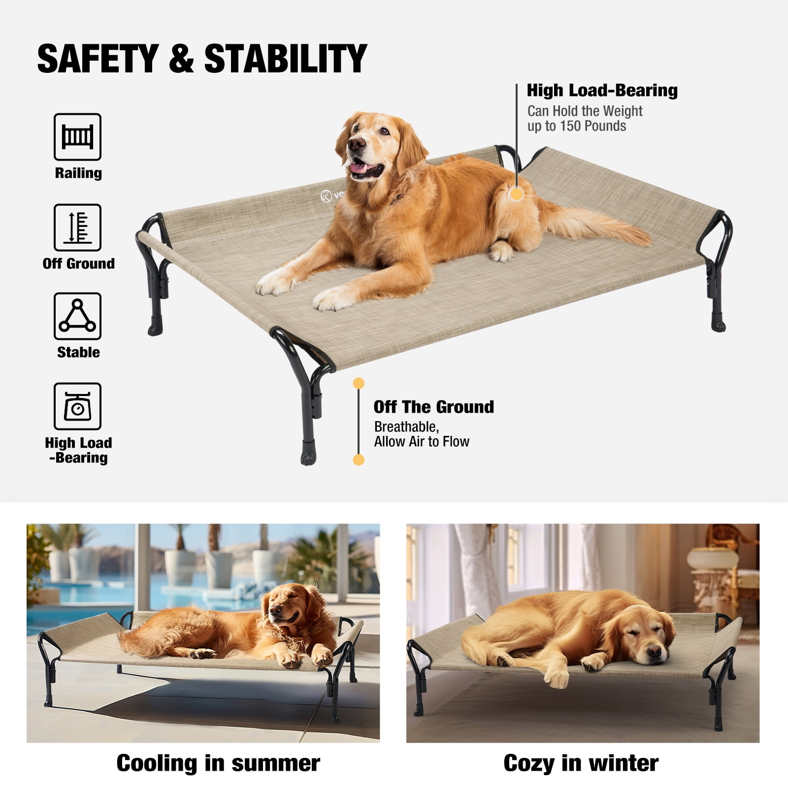 Veehoo Cooling Elevated Dog Bed with Guardrail & Slope Headrest, Teslin Mesh, Large, Beige Coffee