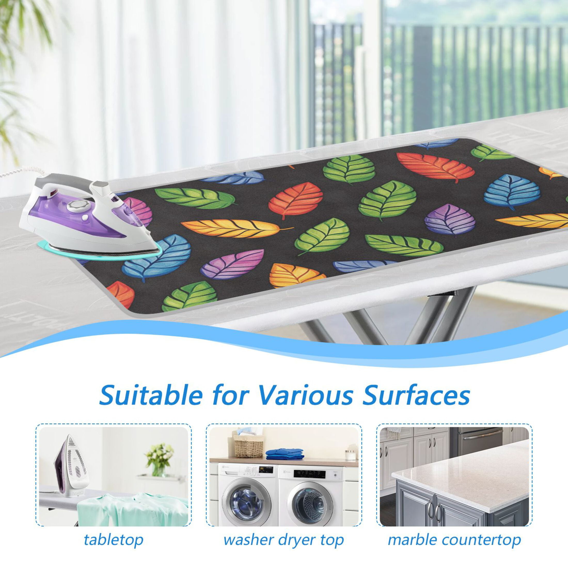 Colorful Leaf on Black Ironing Mat Blanket for Table Top Travel Portable Ironing Board Pad 47.2x27.6 Inch
