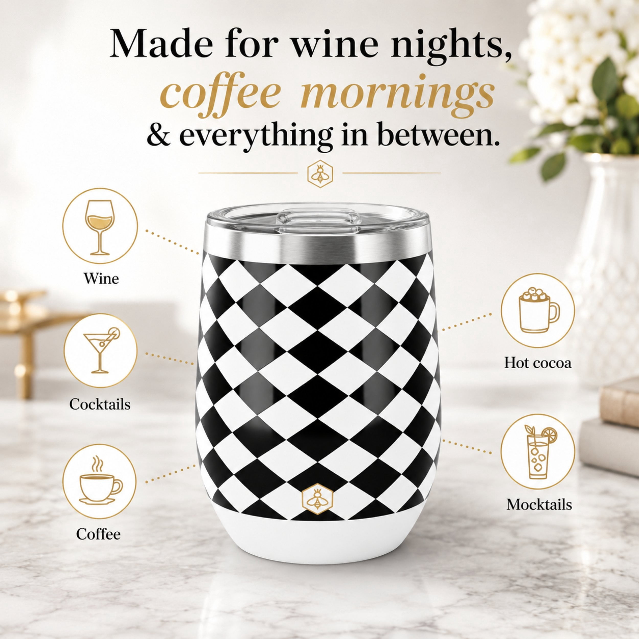 Biddlebee 12oz Stainless Steel Insulated Wine Tumbler, Black & White Check