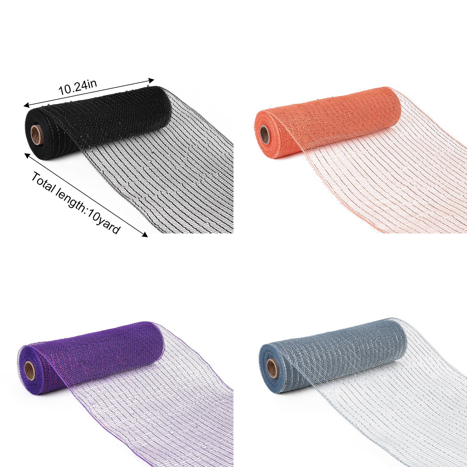 4 Rolls Poly Deco Mesh 10 inch x 10 Yards Each Roll, Metallic Foil Mesh Ribbon Gray/Purple/Orange/Black Set for Festival Wreaths, Swags, Craft, Party and Decorating Supplies