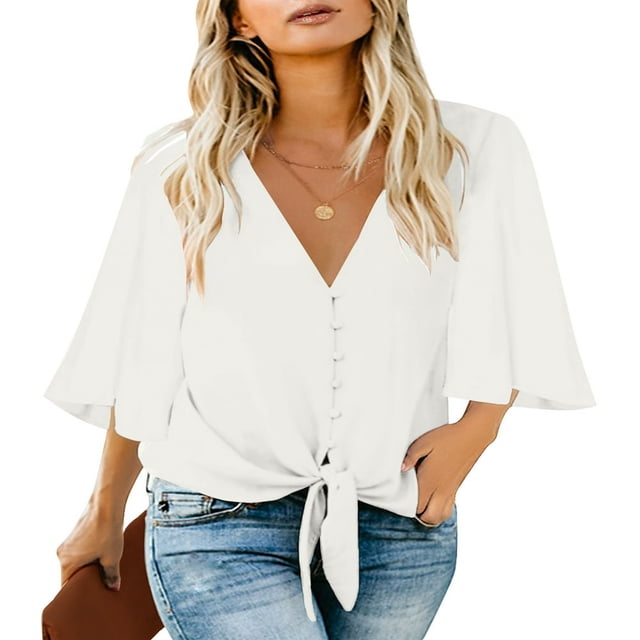 CHOK Women‘s Button Down V Neck Tops Ruffled 3/4 Sleeve Tie Knot Front Blouses White Sizes S-2XL