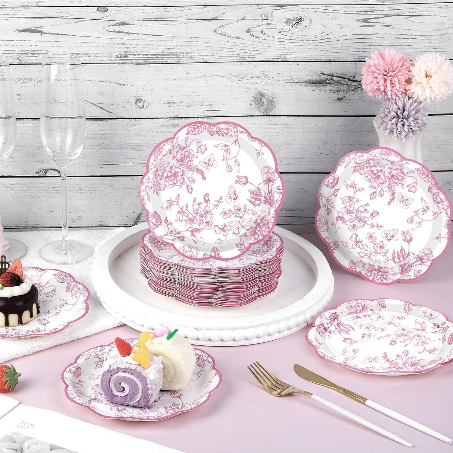 100 Pieces Pink Flower Paper Plates 7 Inches Disposable Floral Paper Plates Scalloped Pink and White Chinoiserie Vintage Flower Dessert Plates for Wedding Birthday Holiday Party Supplies