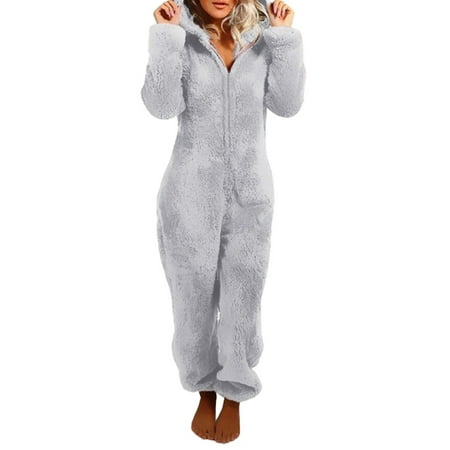 

LisenraIn Women S Warm Plush Romper Winter Pajamas Zipper Hooded Jumpsuit
