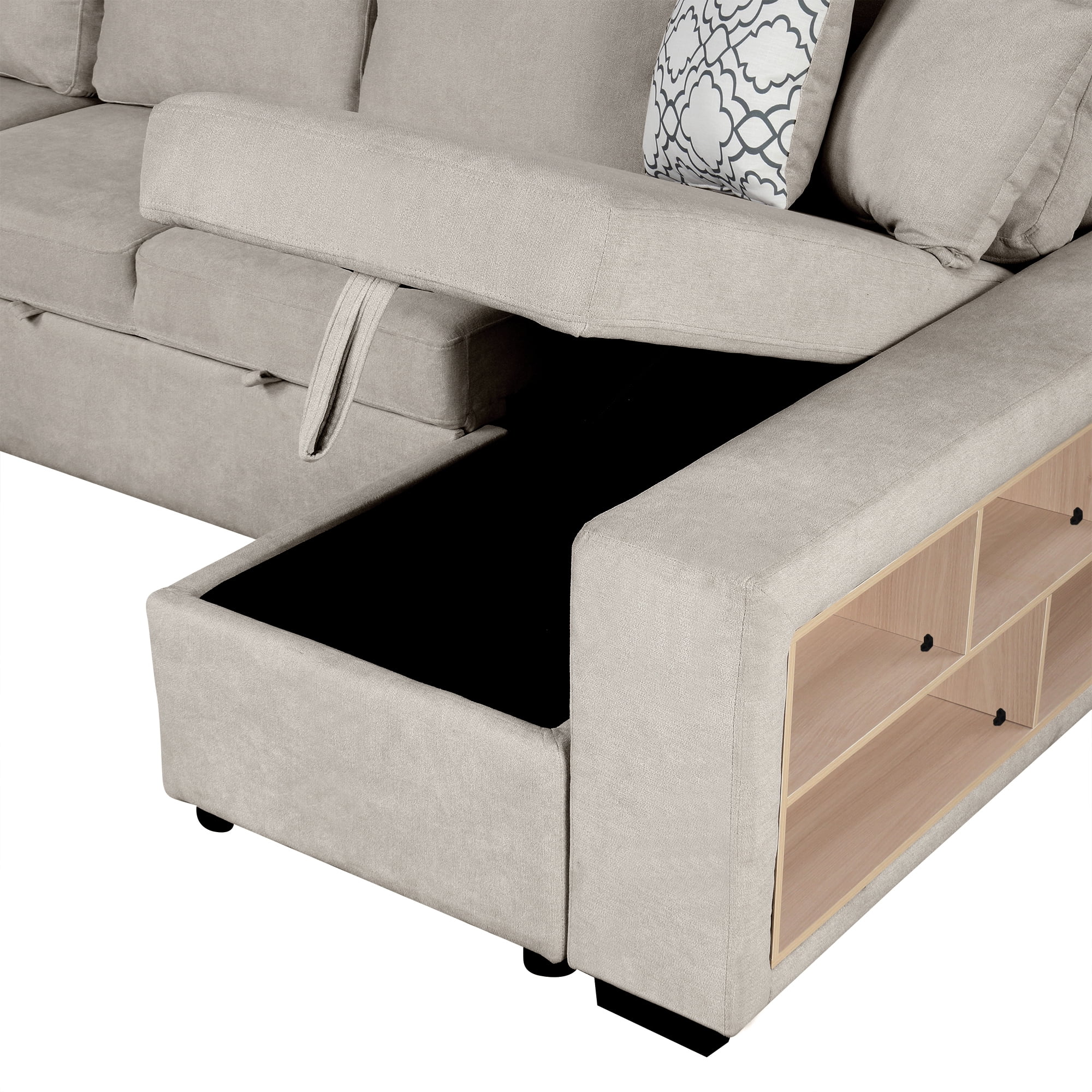 EUROCO 109" U-shaped Sectional Sofa Couch, Chenille Pull-out Sofa Bed with 2 USB Ports, a Storage Chaise Lounge, 4 Back Pillows and Wide Armrest with Storage Shelf for Living Room, Beige