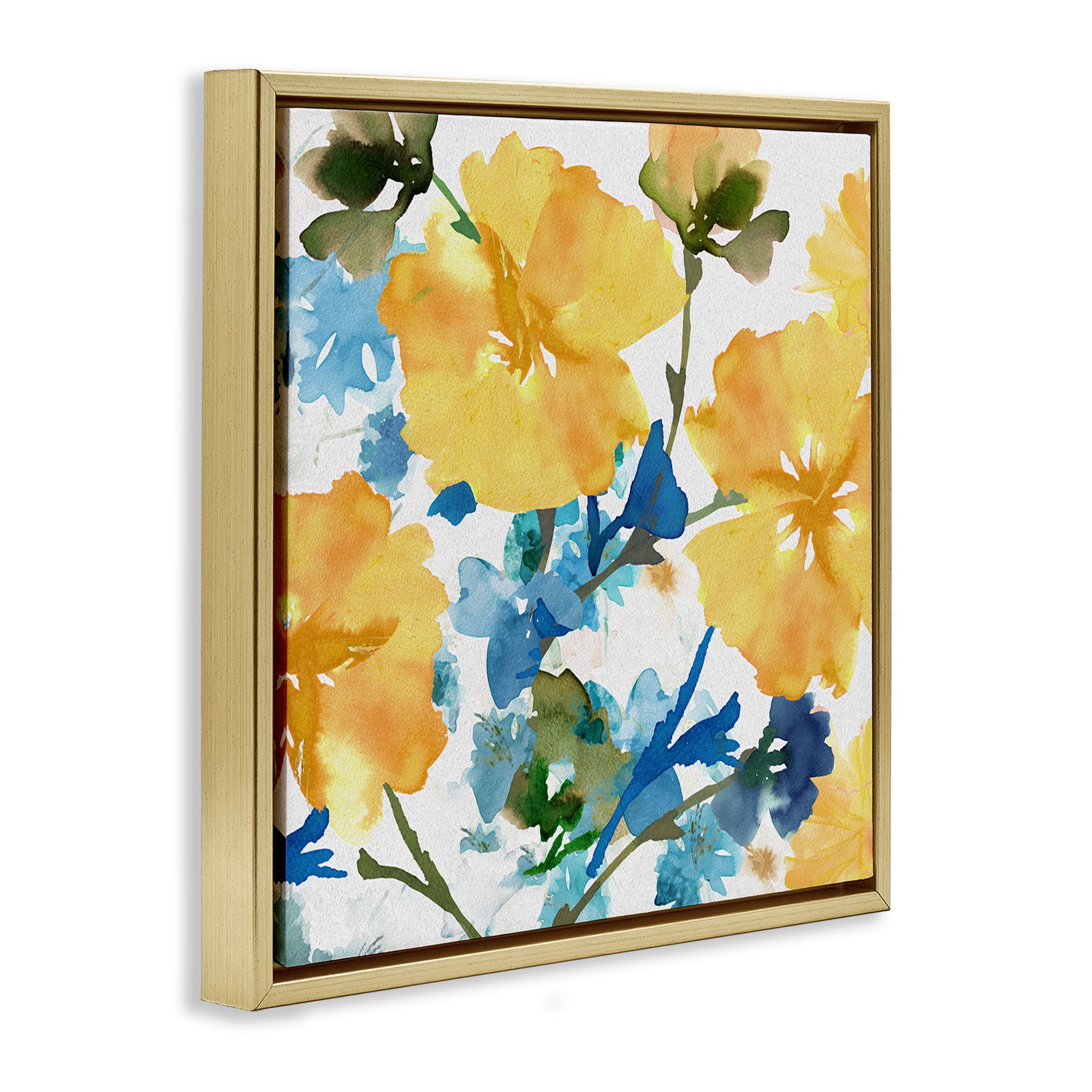Stupell Industries Yellow & Blue Hibiscus Botanical & Floral Painting Gold Floater Framed Canvas Art Print Wall Art, 18 x 18