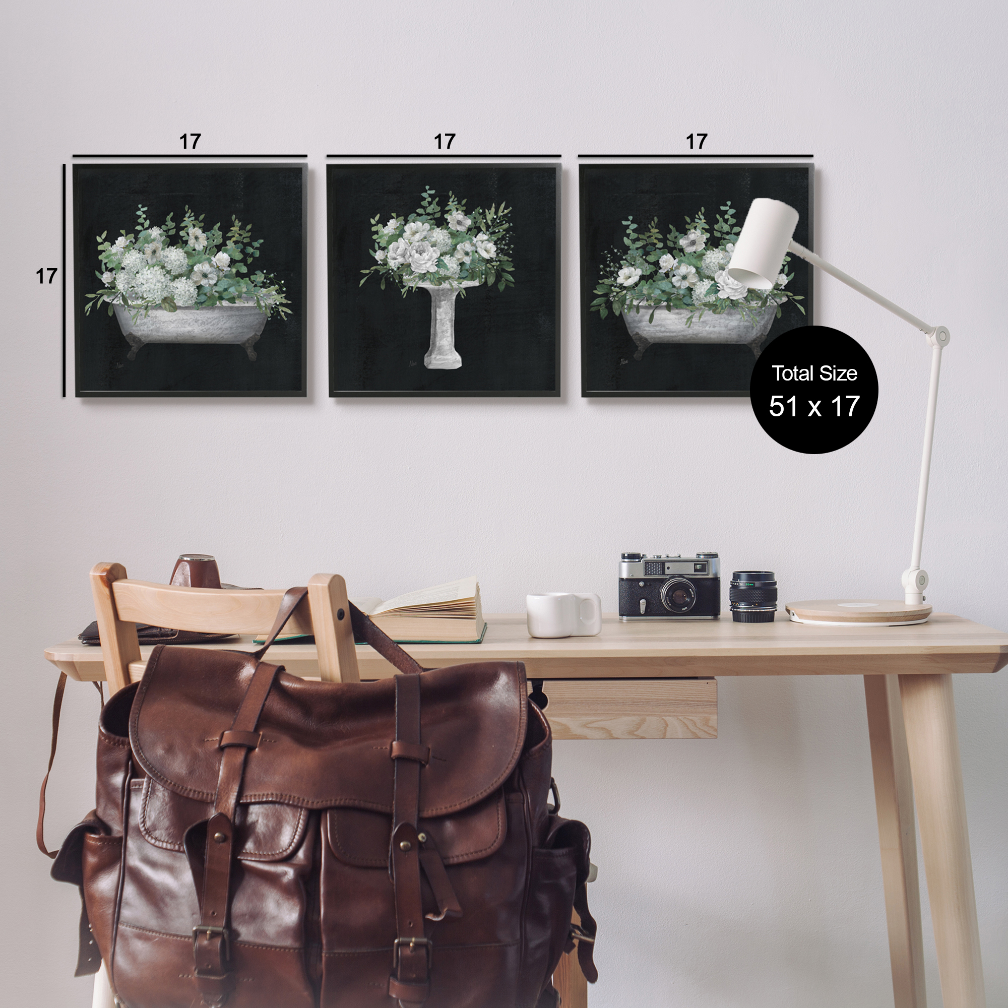Stupell Industries Vintage Bathroom Hydrangeas Botanical & Floral Painting Black Framed Art Print Wall Art, 17 x 17, Set of 3