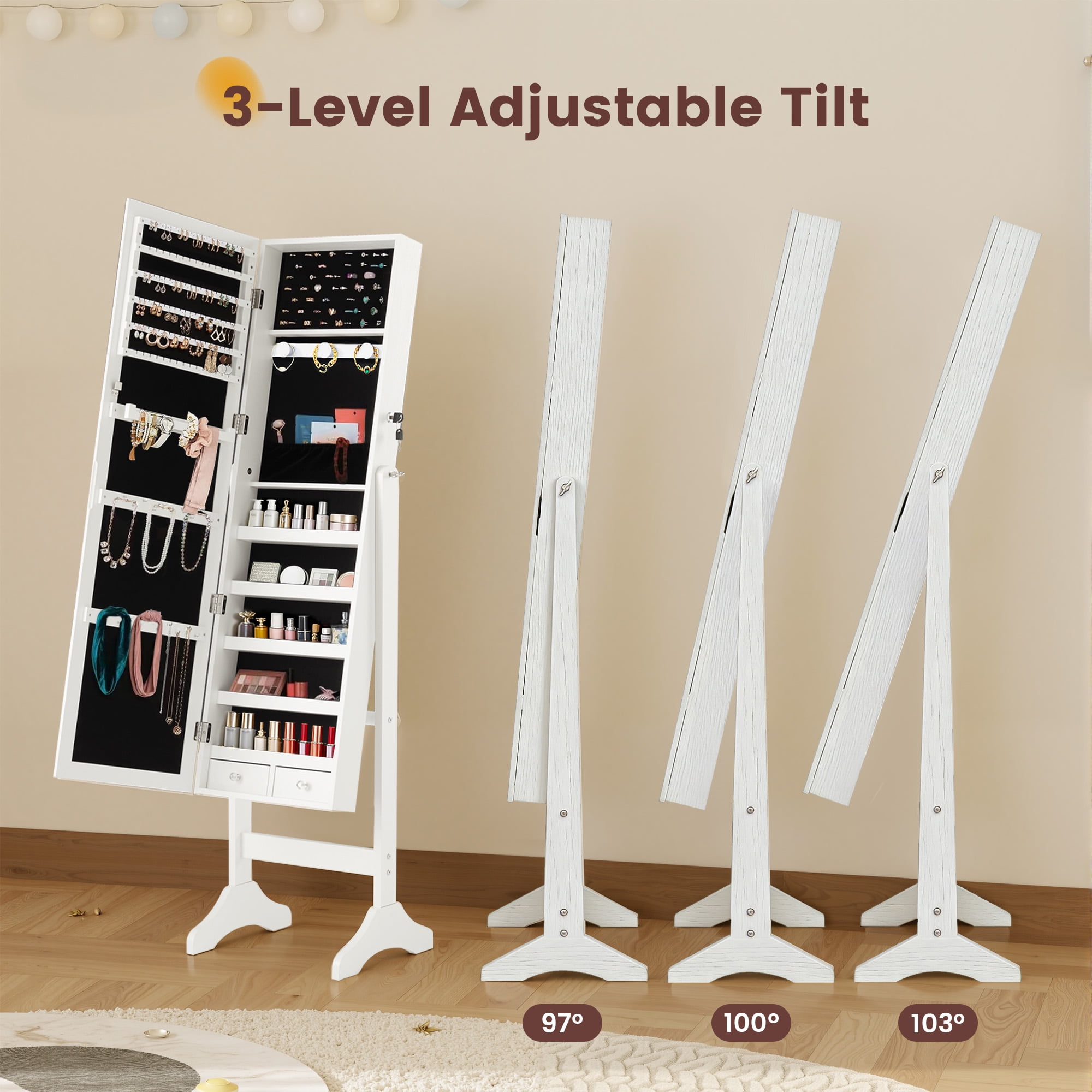 EDX Freestanding Full-Length Mirror Jewelry Cabinet, 3 Angle Adjustable Large Jewelry Armoire Organizer with Makeup Storage, White