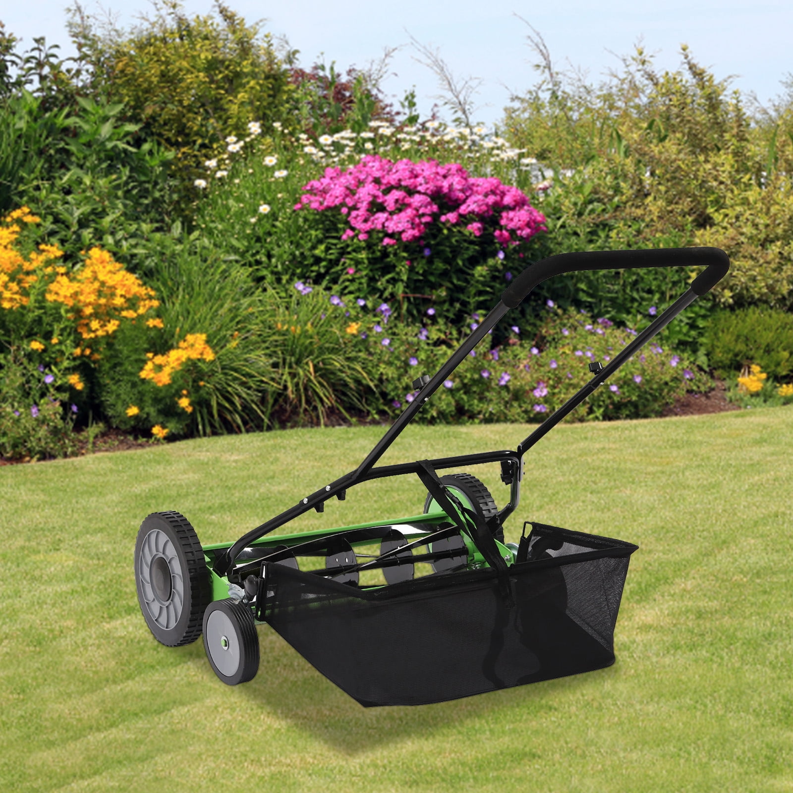 Efficient Lawn Mower – 9 Adjustable Heights, Human-Powered, Sharp Manganese Steel Blades, Space-Saving