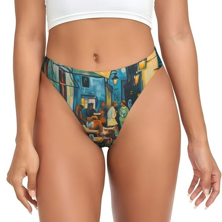 Qokaie Whimsical Cats Night Cafe Printed Women s Cotton Thong Underwear  Sexy Breathable Panties G-string-4X-Large