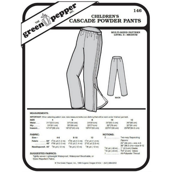 Children's Cascade Powder Snow Pants Kids #146 Sewing Pattern (Pattern Only)
