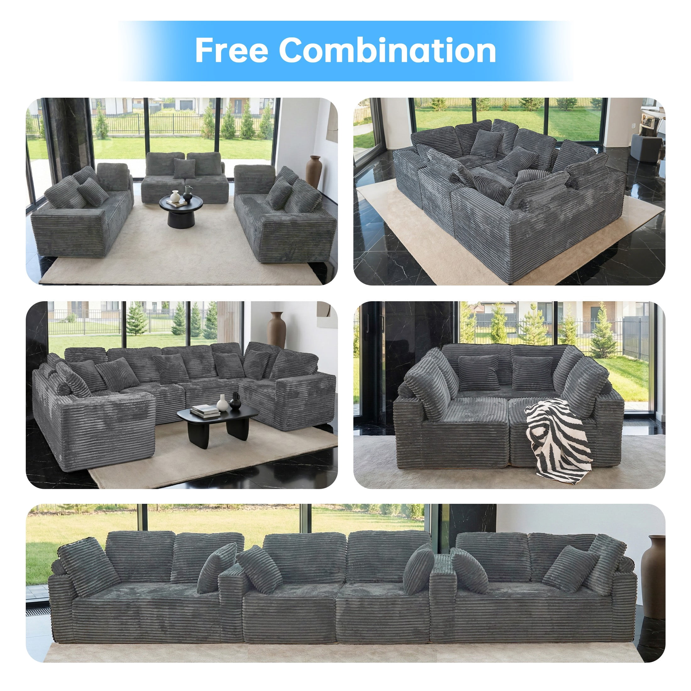 SEENYOO 135.5" Cloud Couch,Boneless Sectional Sofa for Living Room,Gray U Shaped Couch with Chaise,6-Seater,Corduroy Fabric,Freely Configurable Layout