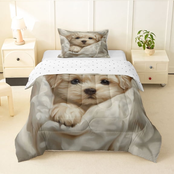 Homewish Cream Maltese Puppy Twin Comforter Sets,Cartoon Pet Dog Bedding Set,White,Reversible,2 Pieces,1 Comforter and 1 Pillowcase