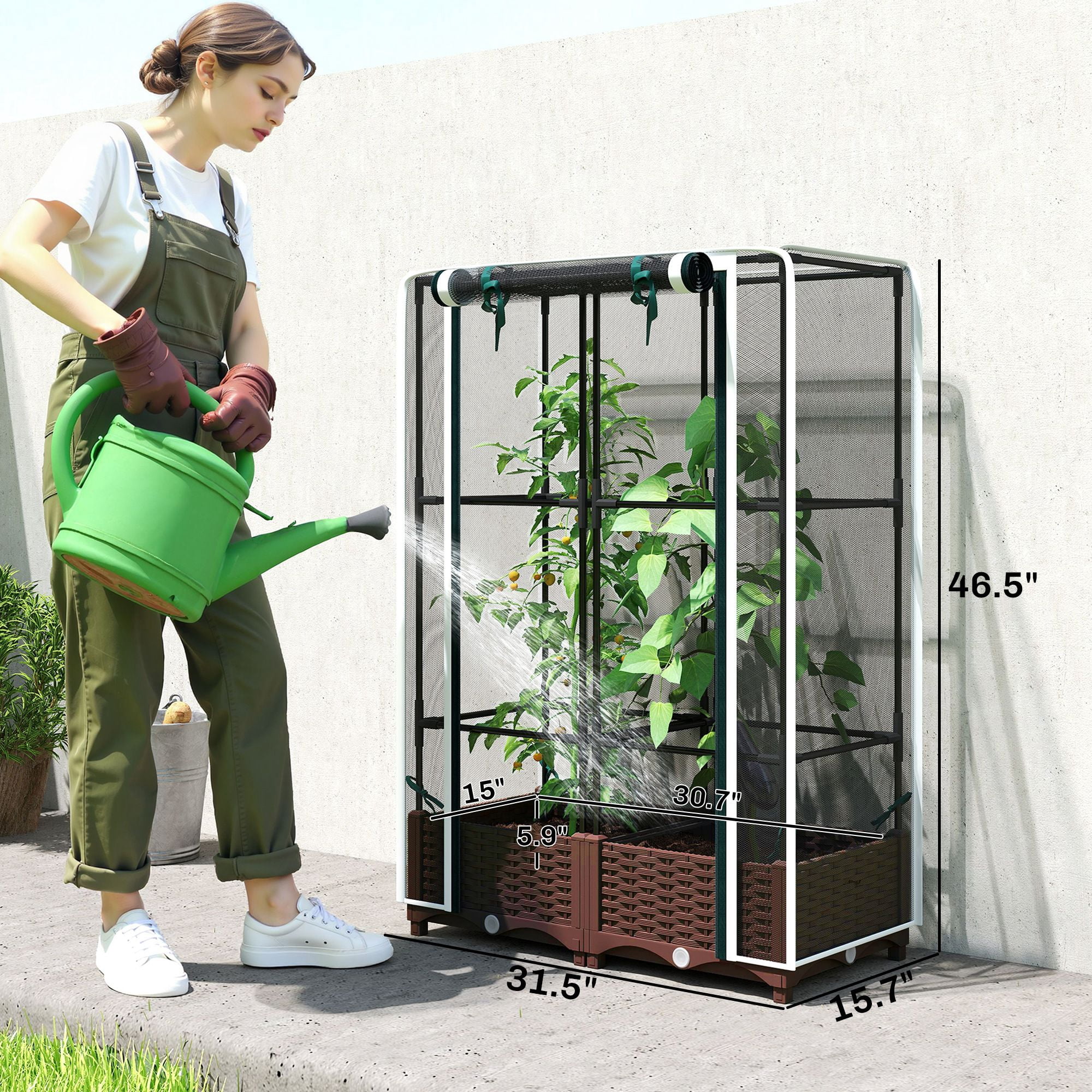 Dranite Raised Garden Bed with Trellis & Crop Cage, Self-Watering Planter Box, 46.5 Inch, White
