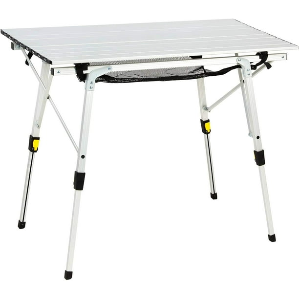 PORTAL Mesa de camping portátil plegable para exteriores con altura ajustable, mesa enrollable de aluminio, capa superior de malla, color plateado