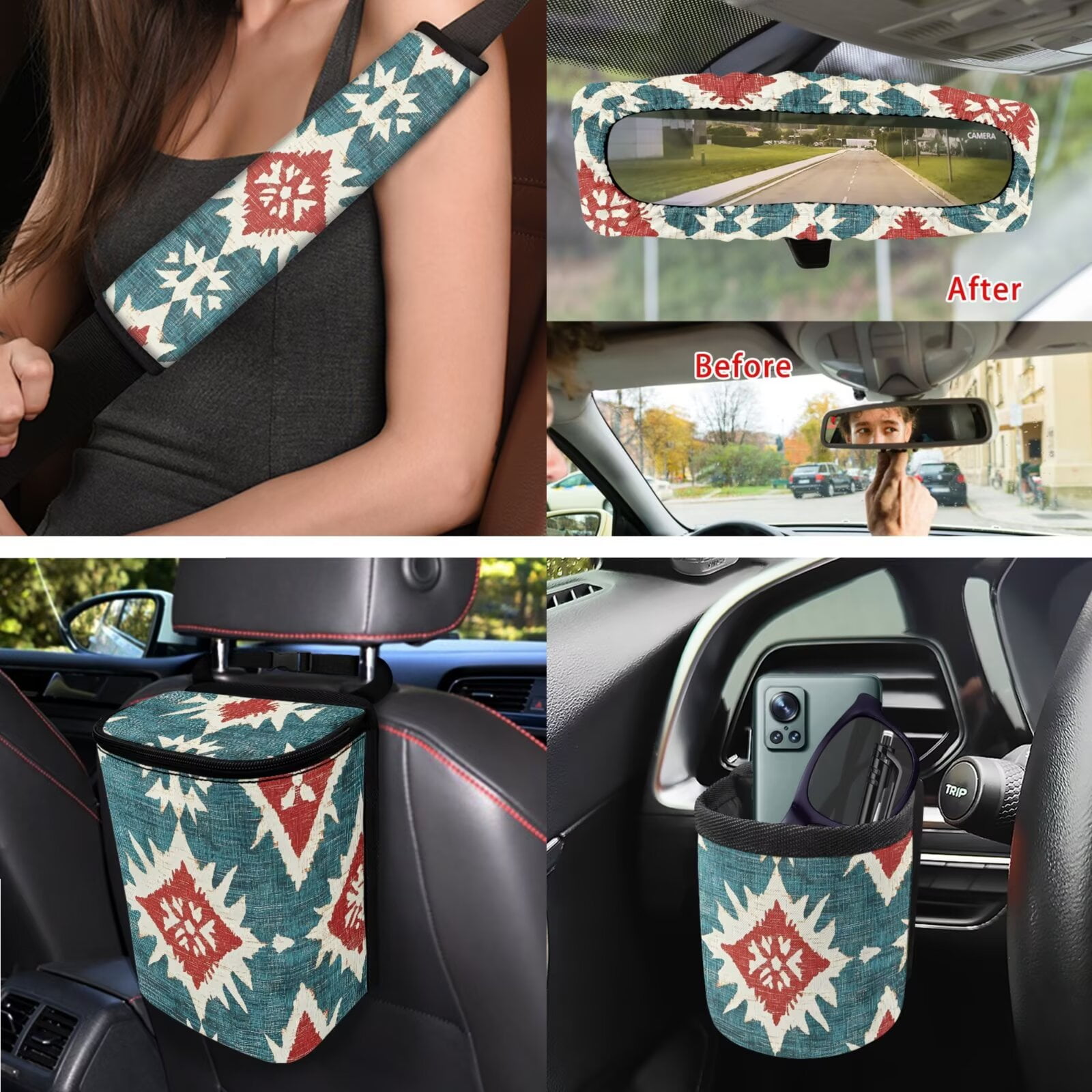 Uorisanigo Auto Seat Protector Cover Aztec Print Include Steering Wheel Covers Seat Belt Strap Pads Auto Trash Can Air Outlet Bag Rearview Cover Car Coasters Set Keychain, Pack of 15, Universal Fit
