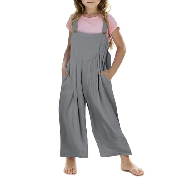 Teen Girls Cotton Linen Jumpsuits Kids Summer Loose Preppy Romper Casual Sleeveless Wide Leg Long Pants 2025 Overalls