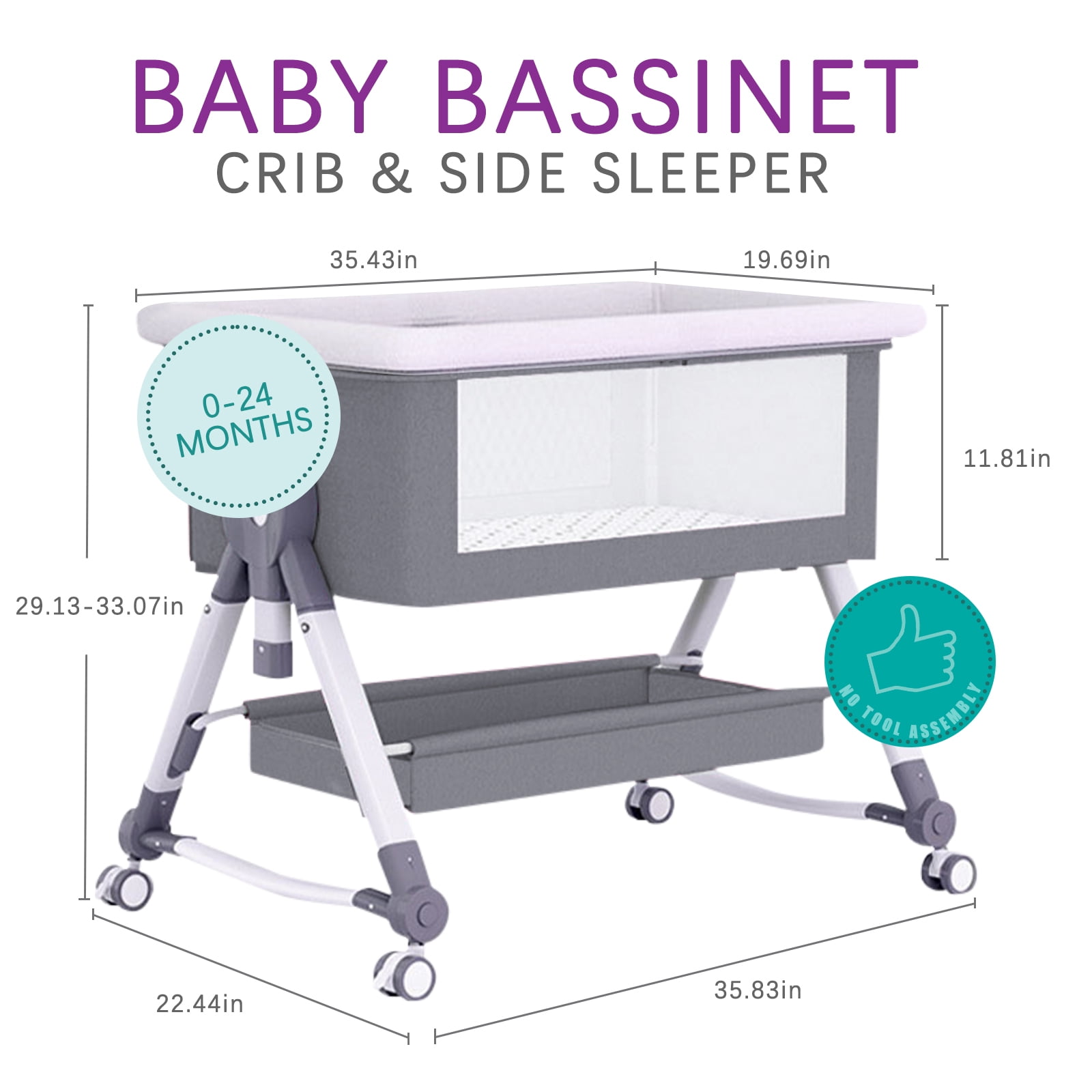 XunKA 4 in 1 Infant Baby Bassinet with Mosquito Net and Storage Rack,Adjustable Height,Gray.