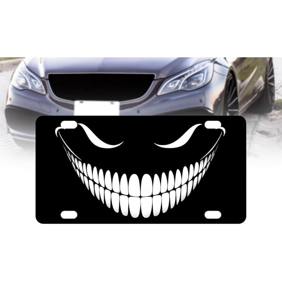 6x12.25 Inch Front Black Cheshire Cat License Plate Frame - Alice in Wonderland Accessories License Plate Frames for US Standard - Car Frames Evil Cheshire Cat Smile with 4 Holes and Screws