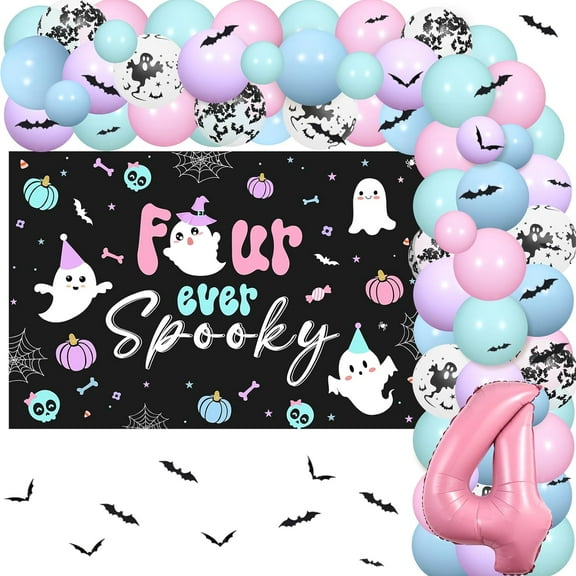 Jollyboom Halloween 4th Birthday Decorations, Four Ever Spooky Birthday Decorations Halloween Backdrop Pastel Garland Kit Arch Number 4 Foil Balloons Bat Wall Sticker for 4th Birthday Decorations Girl