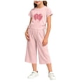 thumbnail image 4 of HOMBOM Girls Summer Outfits Heart Print Crew Neck Short Sleeve Top with Side Drawstring & Elastic Waist Capri Pants 2 Piece Casual Set Age 2-10Y,Pink,5-7 Years, 4 of 6