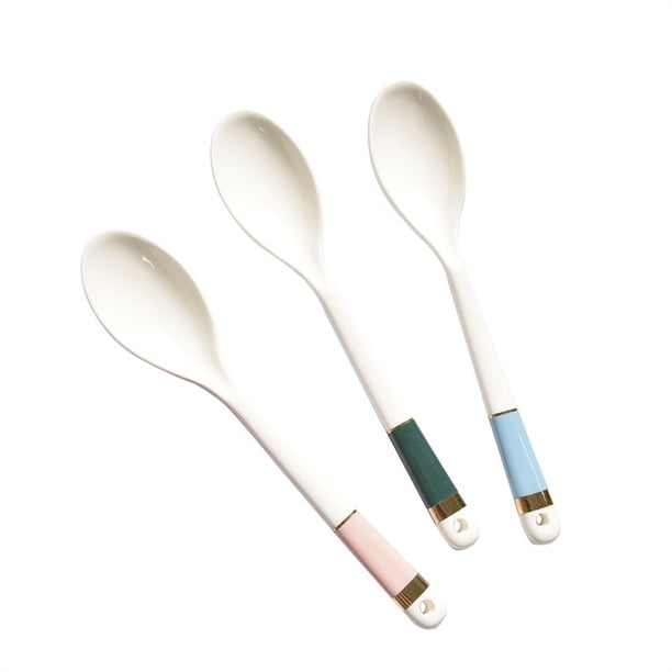 Cuchara de Postre de Cerámica Cucharas de Cena con Mango Largo Juego de 3 Cucharas de Porcelana con Mangos de Tres Colores Diferentes Cuchara for Comer Postre Aperitivos Cereales