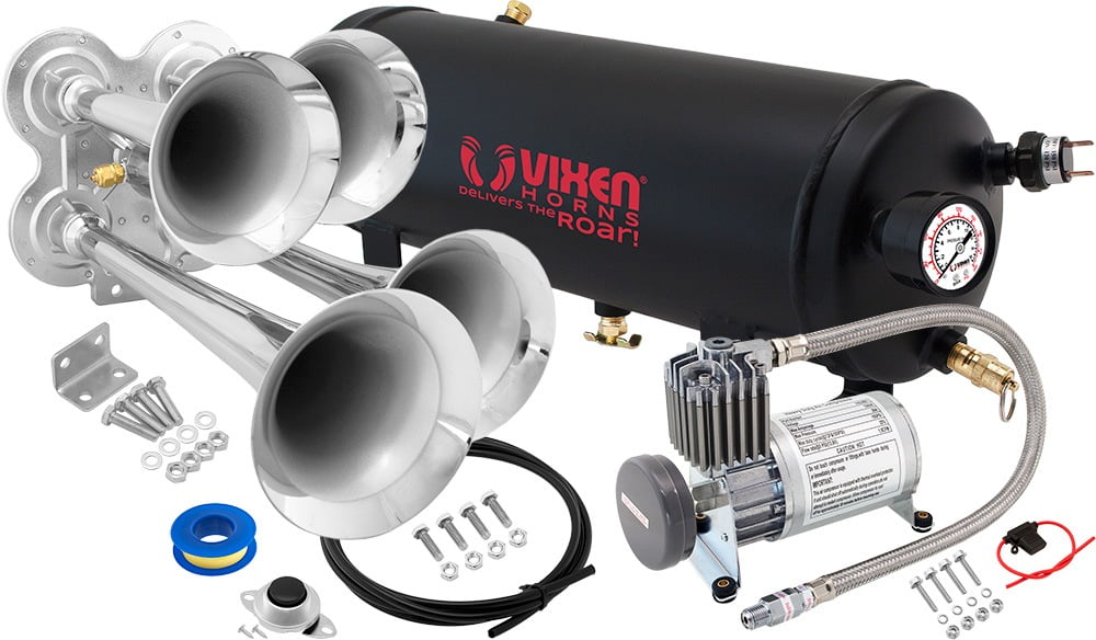 Vixen Horns Loud 135dB 3/Triple Chrome Trumpet Train Air Horn with 1 Gallon Tank and 150 PSI Compressor Full/Complete Onboard System/Kit VXO8210/3311C