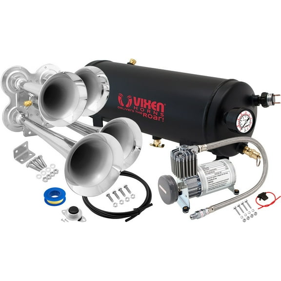 Vixen Horns Train Horn Kit for Trucks/Car/Semi. Complete Onboard System- 150psi Air Compressor, 1.5 Gallon Tank, 4 Trumpets. Super Loud dB. Fits Vehicles like Pickup/Jeep/RV/SUV 12v VXO8815/4114