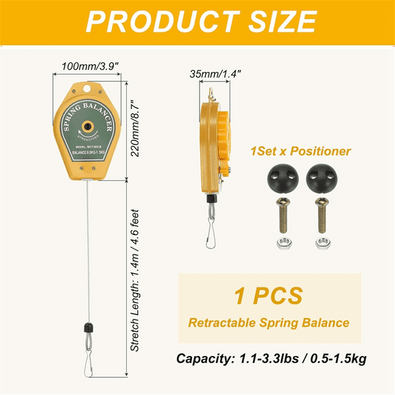 Retractable Spring Balancer, Bearing Spring Tool Load Balancer 4 Feet Adjustable Cable Retractor 1.1-3.3lbs (0.5-1.5kg),1 * Retractable Spring Balancer