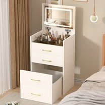 Sesslife 3 in 1 Vanity Desk Set with Open Lighted Mirror, Makeup Dressing Table with 3 Drawers, Storage Cushioned Stool and Glass Desktop, Modern Makeup Vanity Table Set for Girls Women, White