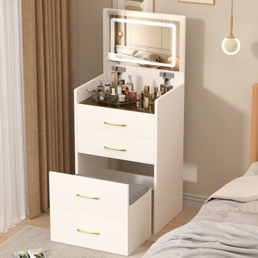 Sesslife 3 in 1 Vanity Desk Set with Open Lighted Mirror, Makeup Dressing Table with 3 Drawers, Storage Cushioned Stool and Glass Desktop, Modern Makeup Vanity Table Set for Girls Women, White