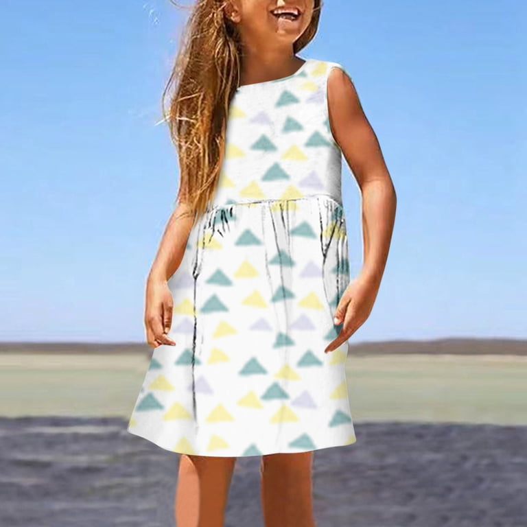 KingFz Girls Dresses Fashion Cute Spring and Summer Printed Round Neck Sleeveless Casual Girls Dress White 9-10, Girl's, Size: 140(9-10)