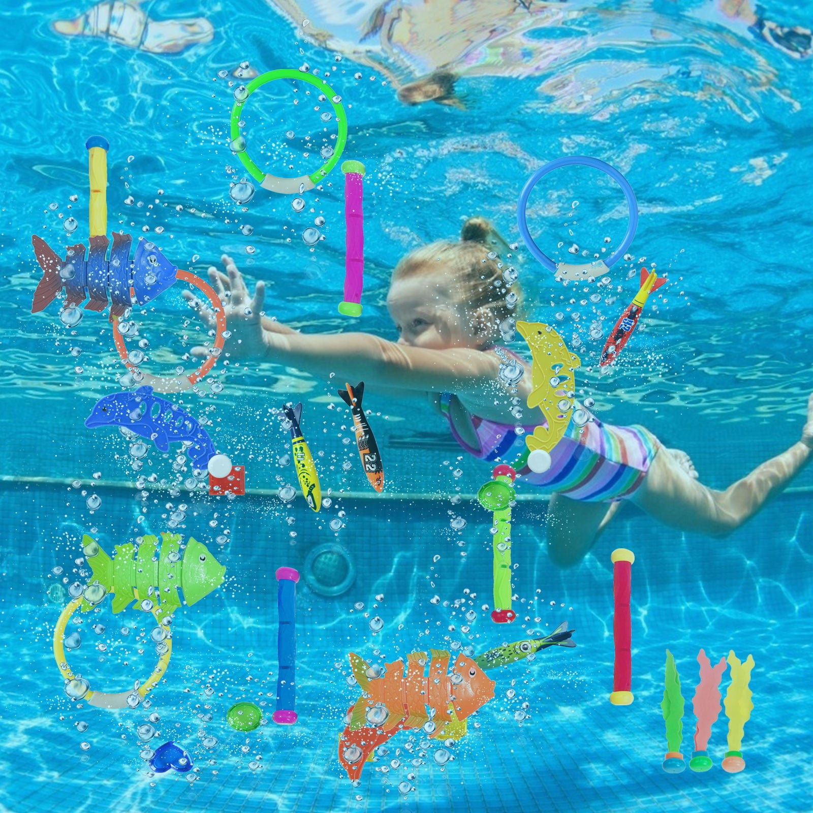 19x Diving Rings Sticks Balls Swimming Pool Underwater Games Toys Swim Kids Dive 